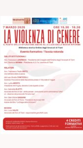 La violenza di genere. Il punto della situazione anche alla luce delle nuove riforme @ Biblioteca storica Ordine degli Avvocati di Trani